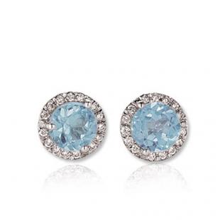 1.00 Carat (ctw) 14K White Gold Round Aquamarine & White Diamond Ladies Halo Style Stud Earrings 1 CT