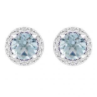 2.00 Carat (ctw) 10K White Gold Round Aquamarine & White Diamond Ladies Halo Style Stud Earrings 2 CT