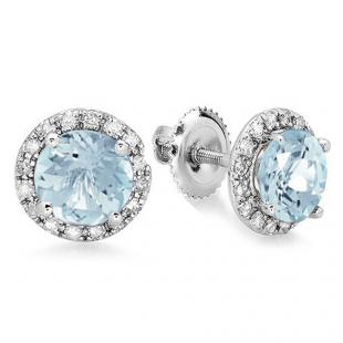3.00 Carat (ctw) 18K White Gold Round Aquamarine & White Diamond Ladies Halo Style Stud Earrings 3 CT
