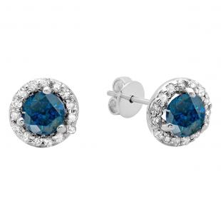 0.50 Carat (ctw) 14K White Gold Round Blue & White Diamond Ladies Halo Style Stud Earrings 1/2 CT