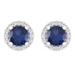 2.00 Carat (ctw) 10K White Gold Round Blue Sapphire & White Diamond Ladies Halo Style Stud Earrings 2 CT