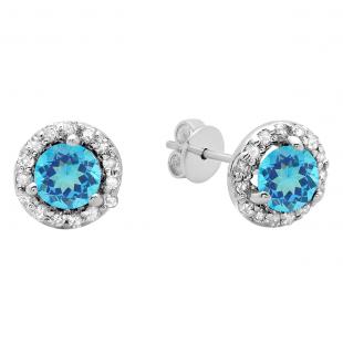 0.50 Carat (ctw) 14K White Gold Round Blue Topaz & White Diamond Ladies Halo Style Stud Earrings 1/2 CT