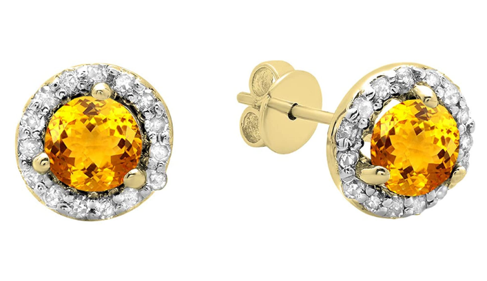 0.50 Carat (ctw) 18K Yellow Gold Round Yellow Citrine & White Diamond Ladies Halo Style Stud Earrings 1/2 CT