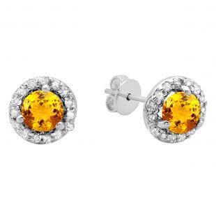0.50 Carat (ctw) 14K White Gold Round Yellow Citrine & White Diamond Ladies Halo Style Stud Earrings 1/2 CT