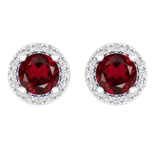 2.00 Carat (ctw) 14k White Gold Round Garnet & White Diamond Ladies Halo Style Stud Earrings 2 CT