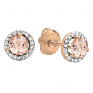 1.00 Carat (ctw) 14K Rose Gold Round Morganite & White Diamond Ladies Halo Style Stud Earrings 1 CT