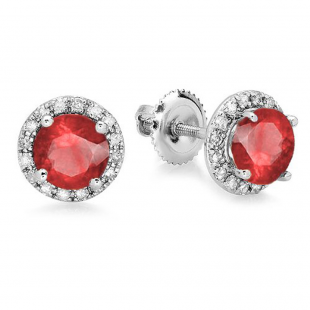 2.00 Carat (ctw) 18k White Gold Round Ruby & White Diamond Ladies Halo Style Stud Earrings 2 CT