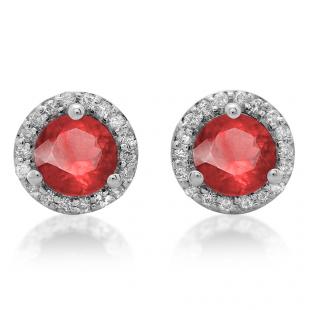 4.00 Carat (ctw) 18K White Gold Round Ruby & White Diamond Ladies Halo Style Stud Earrings 4 CT