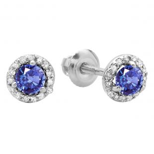 0.50 Carat (ctw) 14K White Gold Round Tanzanite & White Diamond Ladies Halo Style Stud Earrings 1/2 CT
