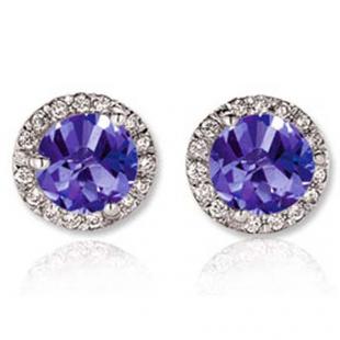 4.00 Carat (ctw) 18K White Gold Round Tanzanite & White Diamond Ladies Halo Style Stud Earrings 4 CT