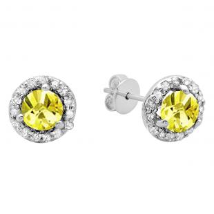 0.50 Carat (ctw) 14K White Gold Round Yellow Sapphire & White Diamond Ladies Halo Style Stud Earrings 1/2 CT