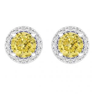 2.00 Carat (ctw) 14k White Gold Round Yellow Sapphire & White Diamond Ladies Halo Style Stud Earrings 2 CT