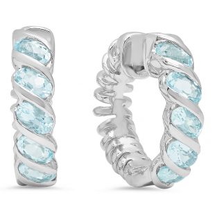 Sterling Silver Oval Cut Aquamarine Hoop Earrings