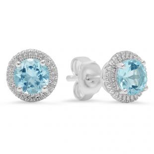 Sterling Silver Round Cut Aquamarine Ladies Bedded Frame Fashion Stud Earrings