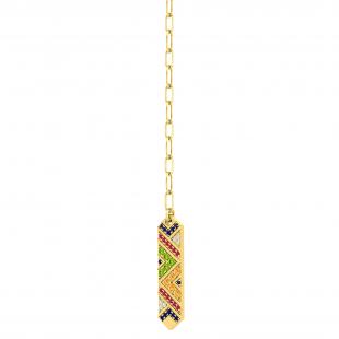 Round 5 Multi Gem Stone Long Vertical Bar Paperclip Gold Chain Pendant Necklace for Women in 10K Yellow Gold