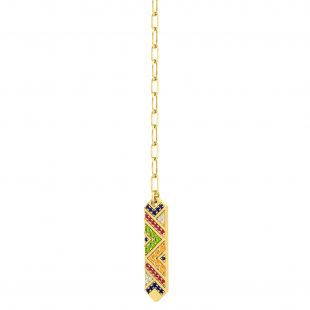 Round 5 Multi Gem Stone Long Vertical Bar Paperclip Gold Chain Pendant Necklace for Women in 18K Yellow Gold
