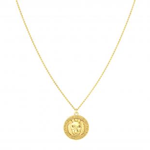 Round Champagne Diamond Accent Lion Greek Key Pendant with Gold Chain Necklace for Women in 925 Yellow Gold Plated Sterling Silver