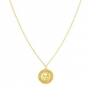 Round Champagne Diamond Accent Lion Greek Key Pendant with Gold Chain Necklace for Women in 10K Yellow Gold