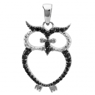 0.25 Carat (ctw) Sterling Silver Round Black Diamond Ladies Owl Pendant