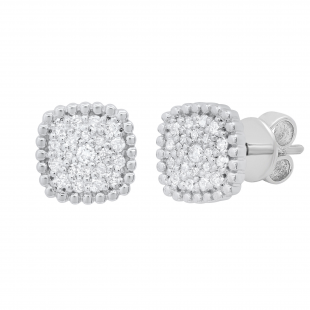 Round White Diamond Cushion Shaped Beaded Style Cluster Pushback Stud Earrings for Women (0.33 ctw Color I-J Clarity I1-I2) in 14K White Gold