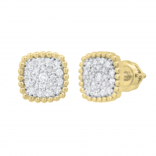 Round White Diamond Cushion Shaped Beaded Style Cluster Screwback Stud Earrings for Women (0.33 ctw Color I-J Clarity I1-I2) in 18K Yellow Gold