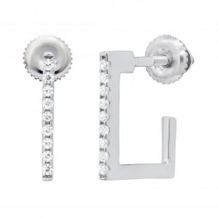 Round White Diamond Half Rectangular Fashion Screwback Hoop Earrings for Women (0.12 ctw, Color I-J, Clarity I2-I3) in 925 Sterling Silver