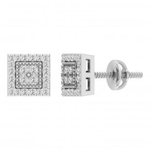 Round White Diamond Beaded Square Framed Screwback Stud Earrings (0.23 Ctw Color I-J Clarity I2-I3) for Women in 10K White Gold