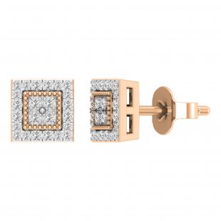 Round White Diamond Beaded Square Framed Pushback Stud Earrings (0.23 Ctw Color I-J Clarity I1-I2) for Women in 14K Rose Gold