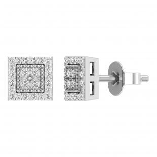 Round White Diamond Beaded Square Framed Pushback Stud Earrings (0.23 Ctw Color I-J Clarity I2-I3) for Women in 925 Sterling Silver