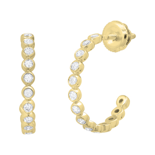 Bezel Set Round White Diamond Semi Circle Screwback Hoop Earrings for Women in 10K Yellow Gold