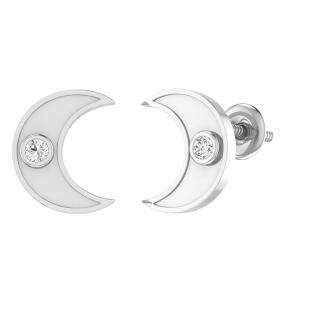 Round White Diamond Bezel Set Crescent Moon Stud Earrings for Women (0.13 ctw Color I-J Clarity I2-I3) in 925 Sterling Silver in Screw Back