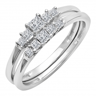 0.55 Carat (ctw) 18K White Gold Princess Diamond Ladies 5 Stone Bridal Engagement Ring Matching Band Set 1/2 CT