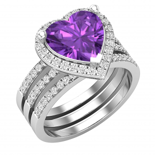 9mm Heart Shaped Amethyst with 0.63 CT Round White Diamond Halo Style Engagement Ring Set for Her in 10K White Gold