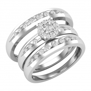 Round White Diamond Exquisite Wedding Trio Ring set for Him & Her  (0.45 ctw, Color I-J, Clarity I2-I3) in 925 Sterling Silver
