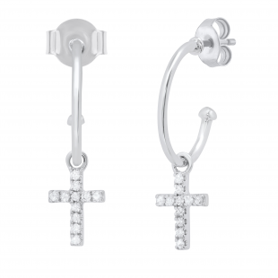 0.12 Carat (ctw) Round White Diamond Cross Charm Pushback Drop Earrings for Women in 925 Sterling Silver