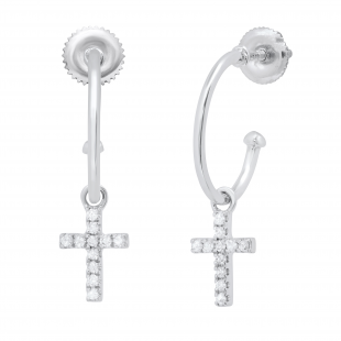 0.12 Carat (ctw) Round White Diamond Cross Charm Screwback Drop Earrings for Women in 925 Sterling Silver