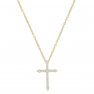 Round White Diamond Encrusted Cross Pendant with 18 inch Gold Chain for Women (0.32 ctw, Color I-J, Clarity I1-I2) in 14K Yellow Gold