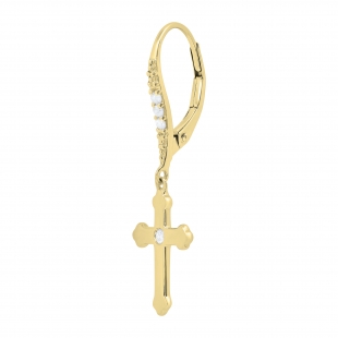 Round White Diamond Cross Drop Lever Back Men's & Women's (Unisex) Earring (1 pc) in 14K Yellow Gold
