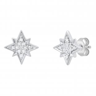 Round White Diamond Cluster Starburst Pushback Stud Earrings for Women (0.10 ctw, Color I-J, Clarity I2-I3) in 925 Sterling Silver