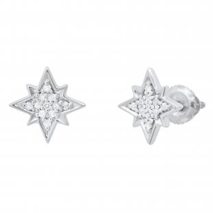 Round White Diamond Cluster Starburst Screwback Stud Earrings for Women (0.10 ctw, Color I-J, Clarity I2-I3) in 925 Sterling Silver