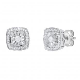 Round White Diamond Illusion Set Filigree Groove Sides Pushback Cushion Stud Earrings (0.25 Ctw Color I-J Clarity I2-I3) for Women in 925 Sterling Silver