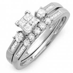 0.60 Carat (ctw) 10k White Gold Princess & Round Diamond Ladies Bridal Engagement Ring Set Matching Band