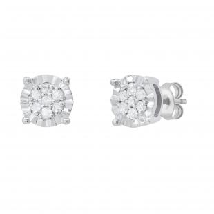 Round White Diamond Illusion Pushback Stud Earrings for Women (0.17 ctw, Color I-J, Clarity I2-I3) in 925 Sterling Silver