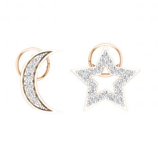 Round White Diamond Moon & Star Pushback Stud Earrings for Women (0.14 ctw Color I-J Clarity I2-I3) in 10K Rose Gold