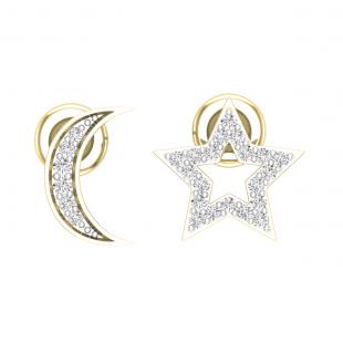 Round White Diamond Moon & Star Screwback Stud Earrings for Women (0.14 ctw Color I-J Clarity I2-I3) in 10K Yellow Gold