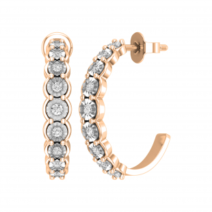 0.23 Carat (ctw) Round White Diamond 9 Stone Illusion Set J Shape Pushback Hoop Earrings for Women in 10K Rose Gold