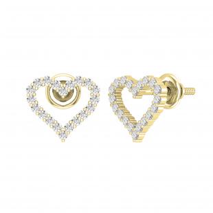 Round White Diamond Outlined Hollow Heart Screwback Stud Earrings for Women (0.33 ctw Color I-J Clarity I2-I3) in 10K Yellow Gold