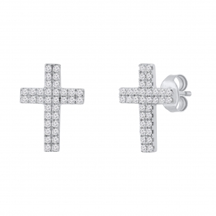 Double Row Round White Diamond Religious Cross Push Back Stud Earrings (0.19 Ctw Color I-J Clarity I2-I3) for Women in 925 Sterling Silver