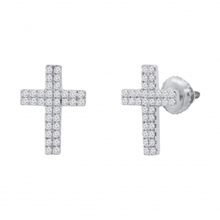 Double Row Round White Diamond Religious Cross Screw Back Stud Earrings (0.19 Ctw Color I-J Clarity I2-I3) for Women in 925 Sterling Silver