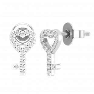 Round White Diamond Heart Key Push-back Stud Earrings for Women (0.10 ctw Color I-J Clarity I2-I3) in 10K White Gold